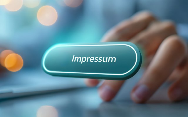 Person, die den Impressum-Button auf einer futuristischen Schnittstelle aktiviert, rechtliches digitales Konzept