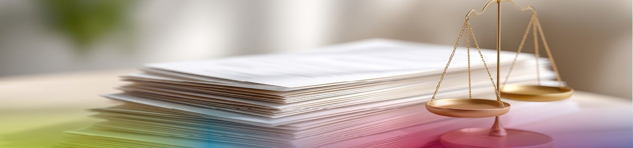 Papierstapel mit goldener Waage auf einem Holztisch, der das Konzept der Betriebshaftpflichtversicherung in einer Büroumgebung darstellt.