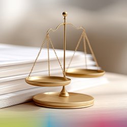 Papierstapel mit goldener Waage auf einem Holztisch, der das Konzept der Betriebshaftpflichtversicherung in einer Büroumgebung darstellt.